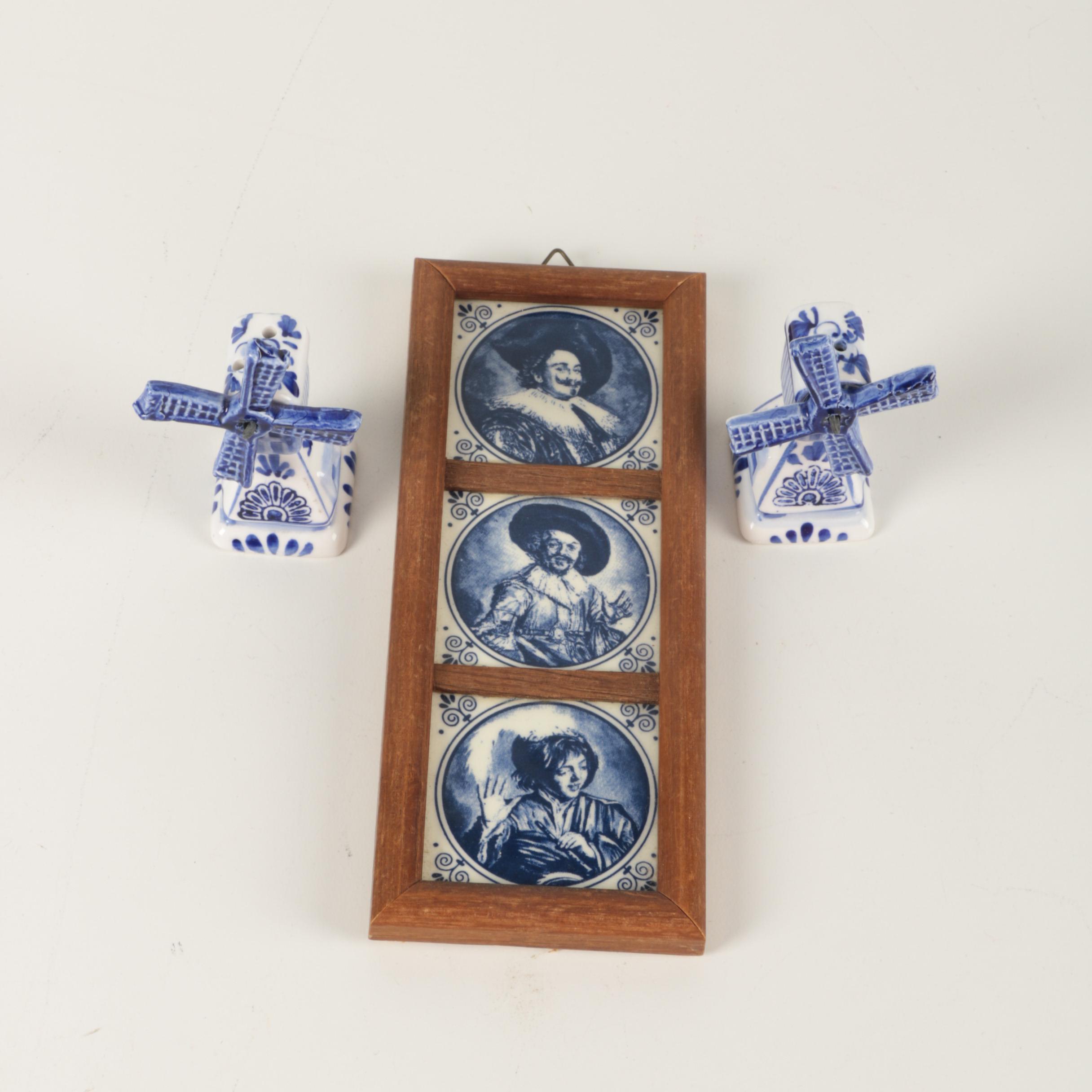 Delft Style Windmill Salt and Pepper Shakers and Framed Tiles