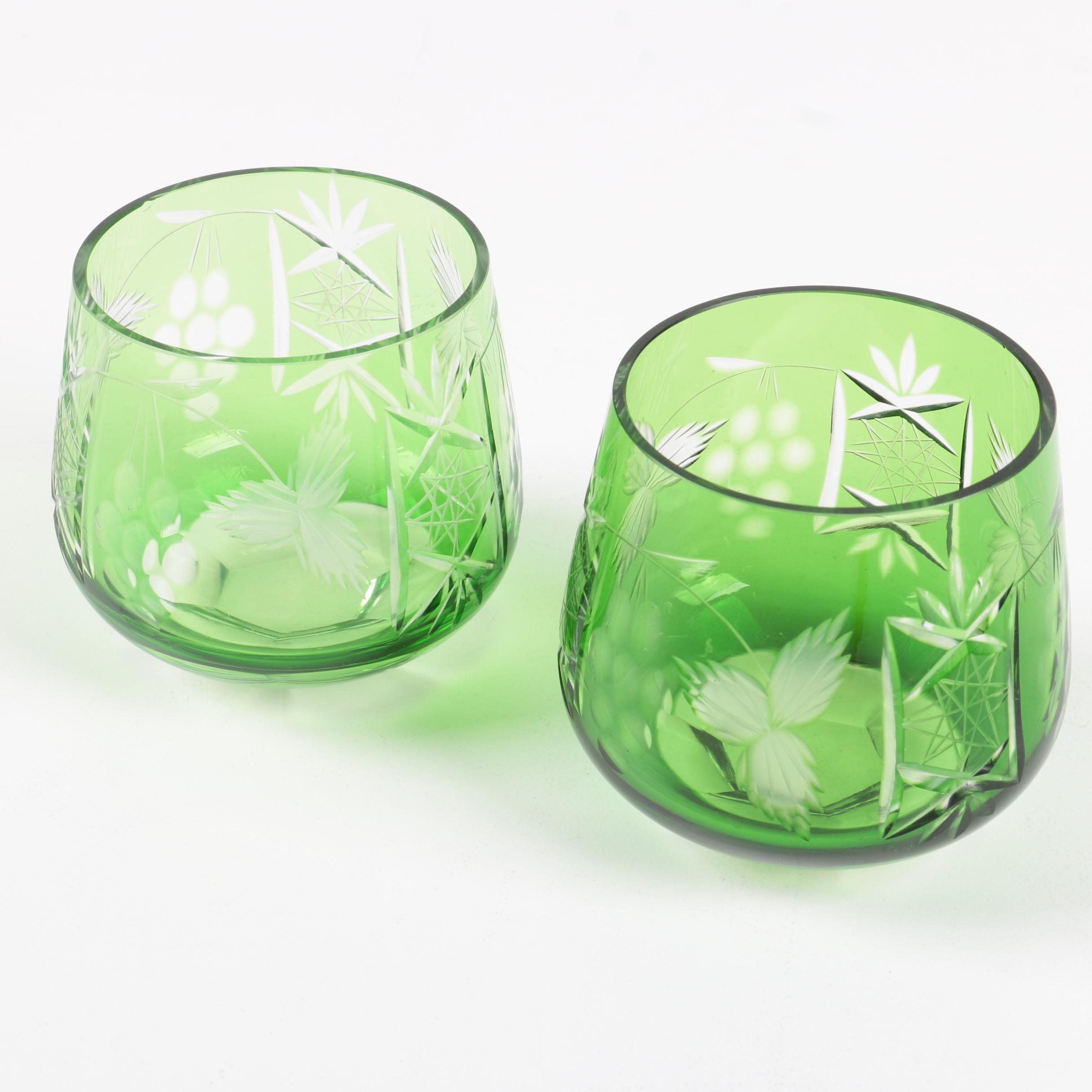 Cased Cut to Clear Bohemian Green Crystal Old Fashioned Glasses
