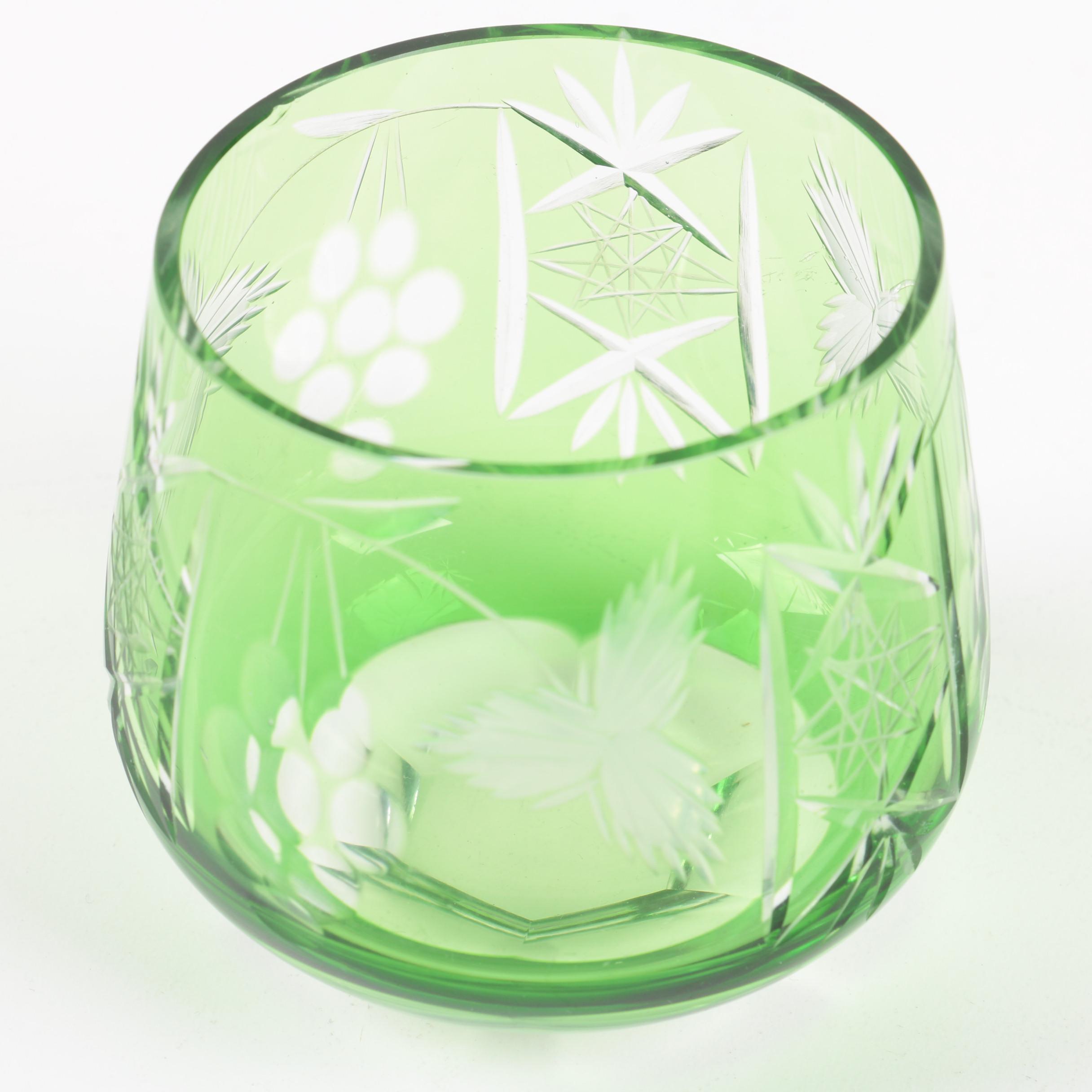 Cased Cut to Clear Bohemian Green Crystal Old Fashioned Glasses