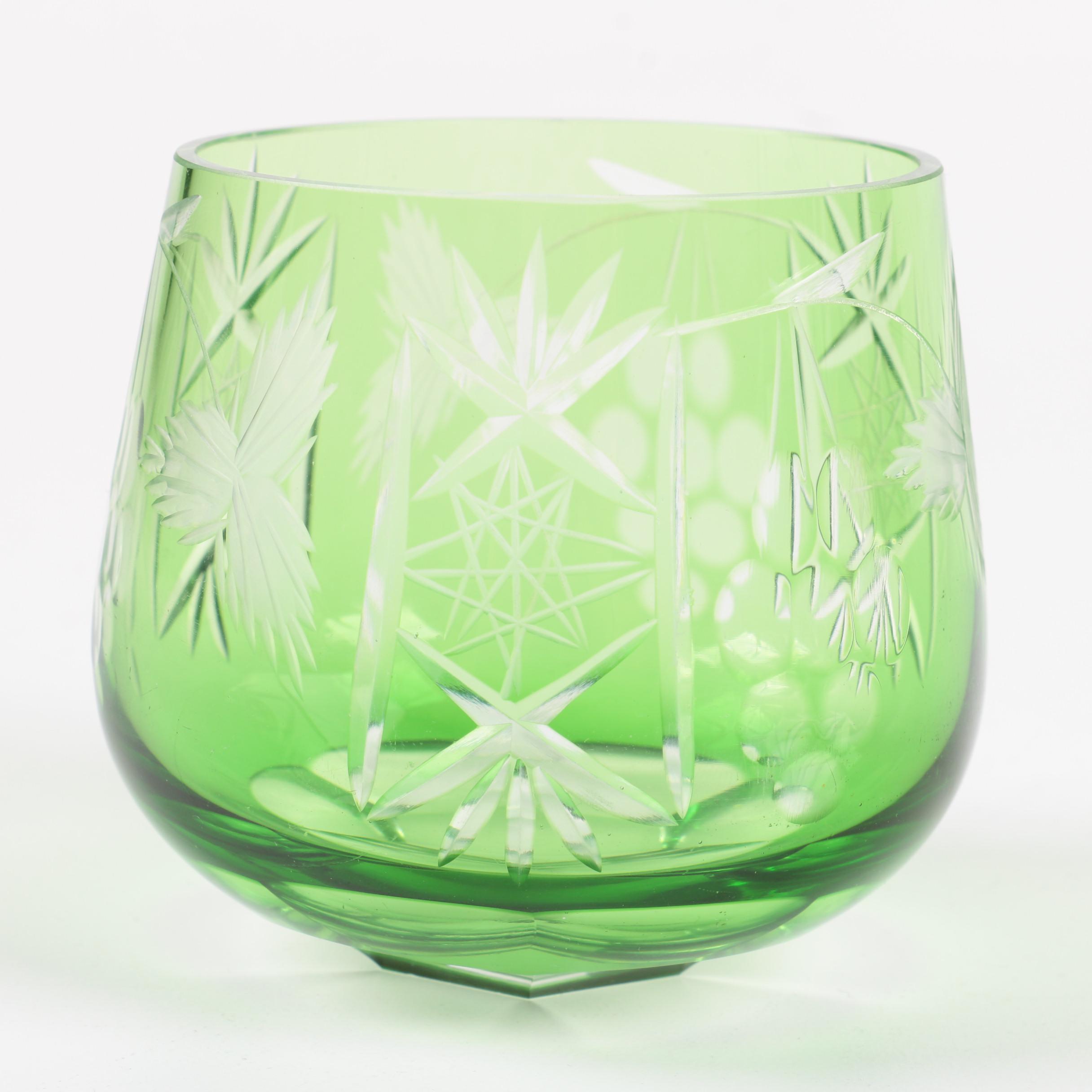 Cased Cut to Clear Bohemian Green Crystal Old Fashioned Glasses