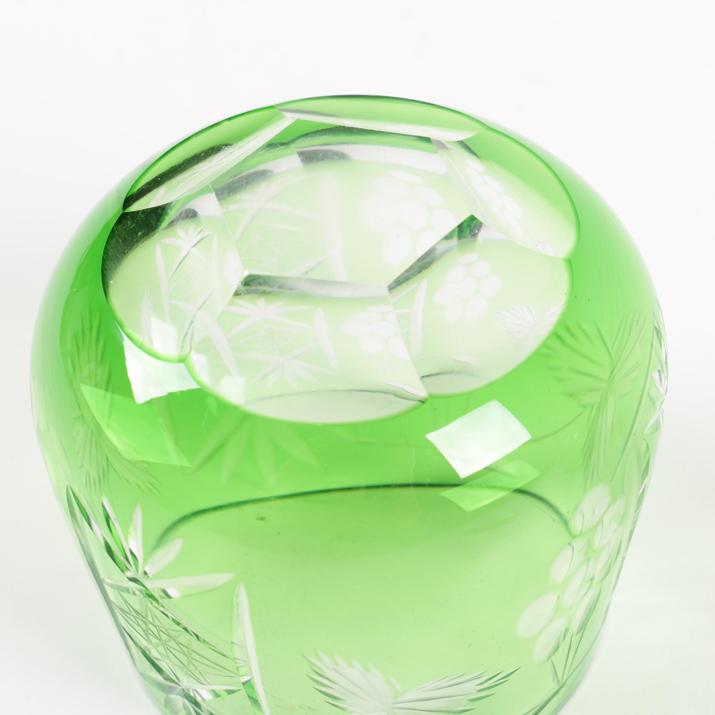 Cased Cut to Clear Bohemian Green Crystal Old Fashioned Glasses