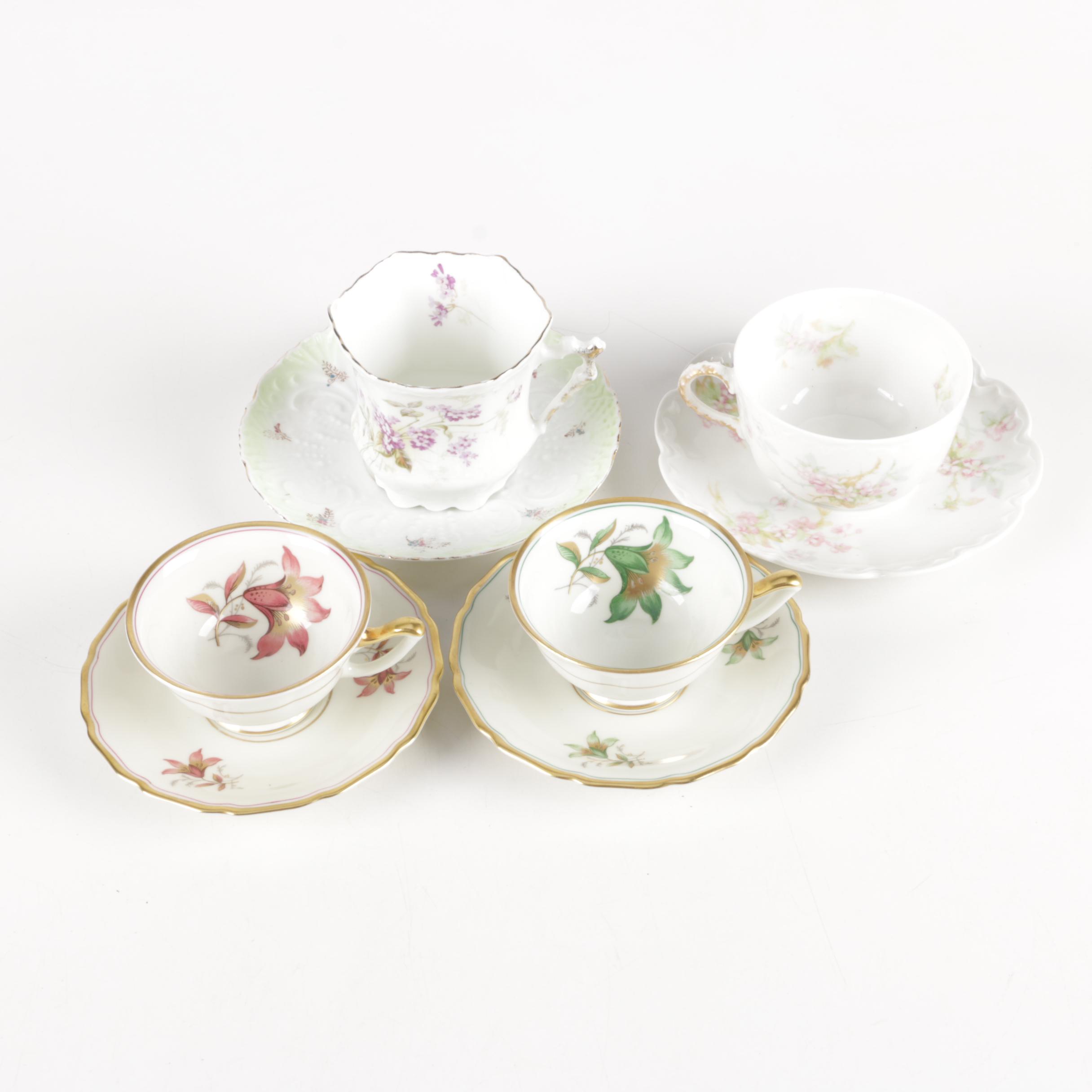 Vintage Porcelain Teacups and Saucers Including Théodore Haviland Limoges