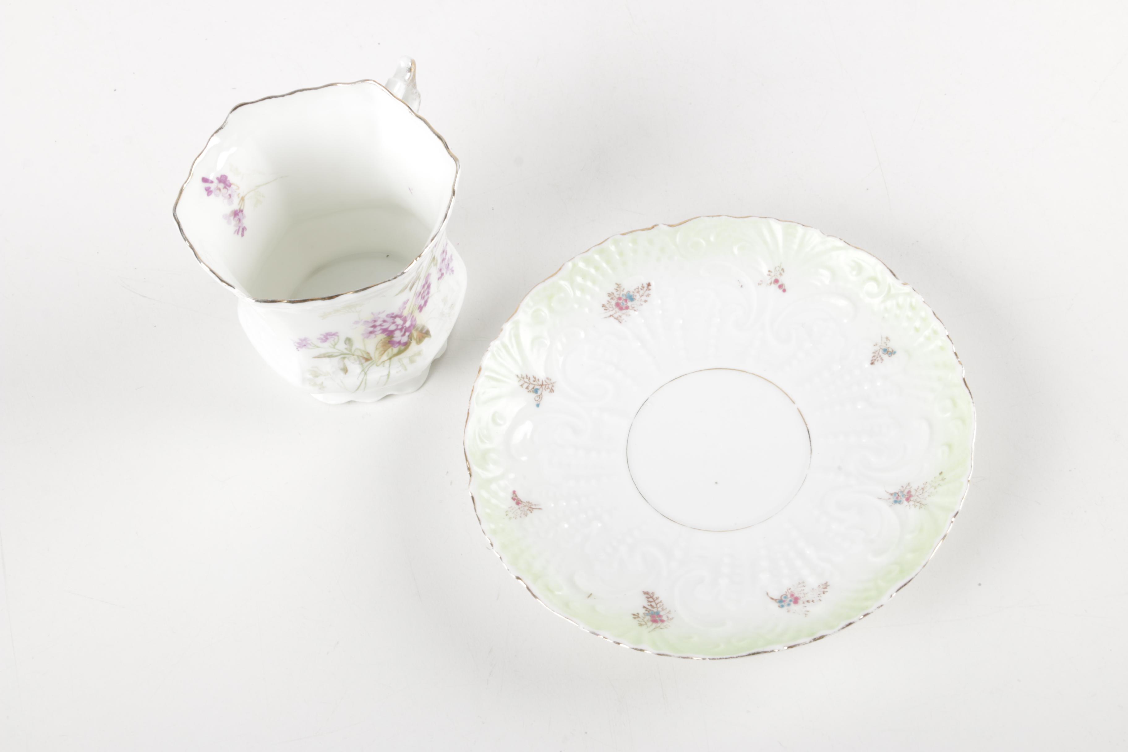 Vintage Porcelain Teacups and Saucers Including Théodore Haviland Limoges