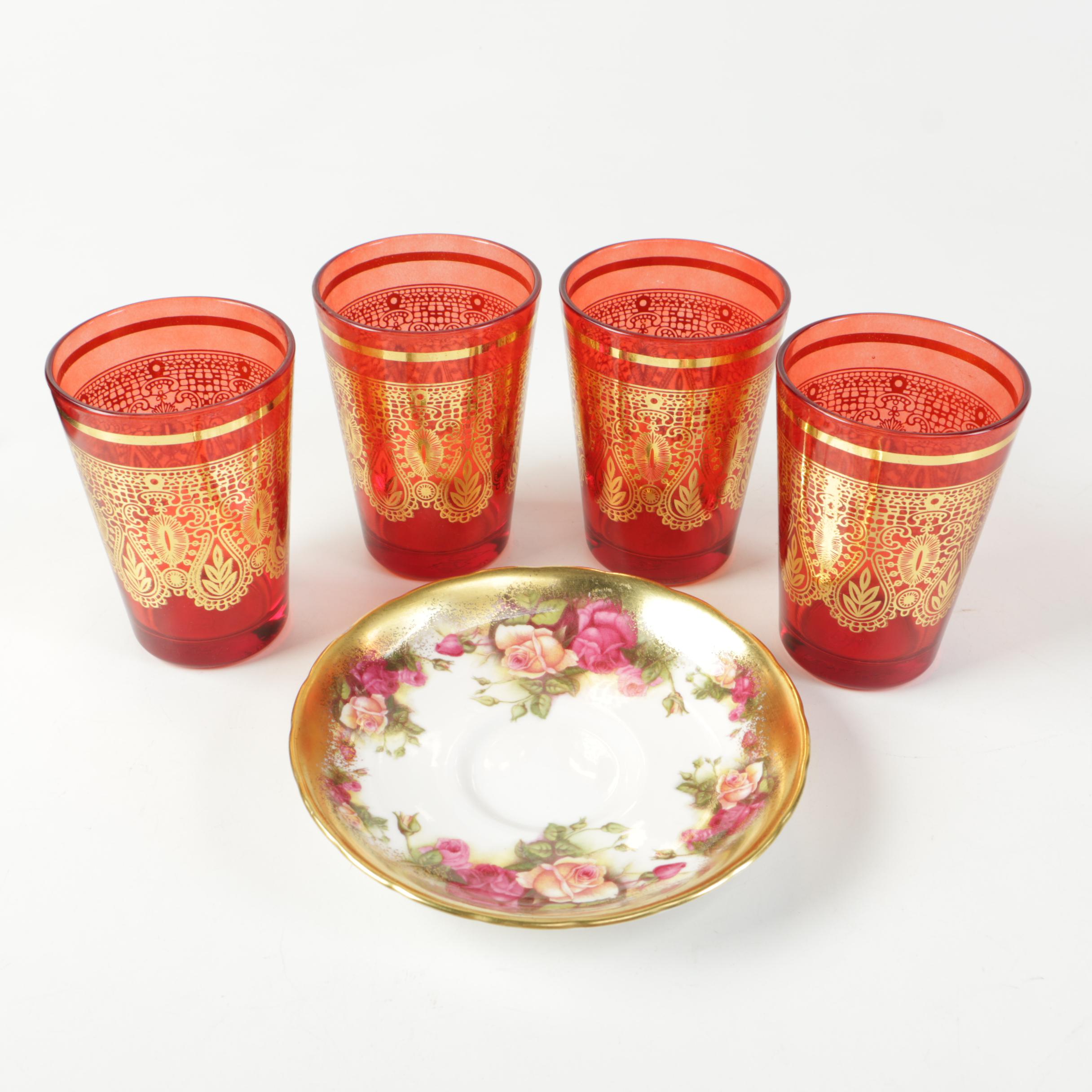 Royal Chelsea "Golden Rose" Saucer and D&G Tumblers