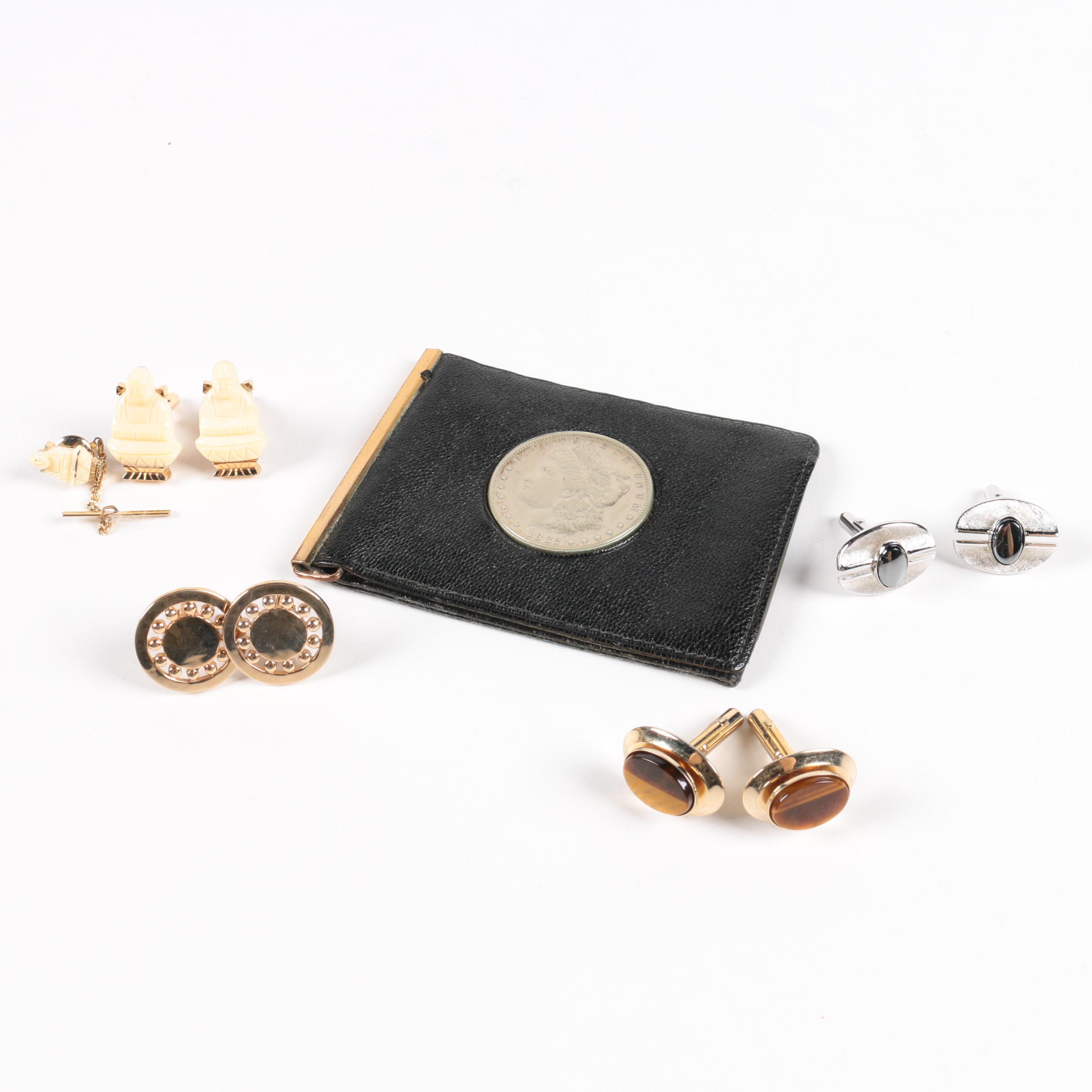 1882 Morgan Silver Dollar Wallet with Vintage Cufflinks
