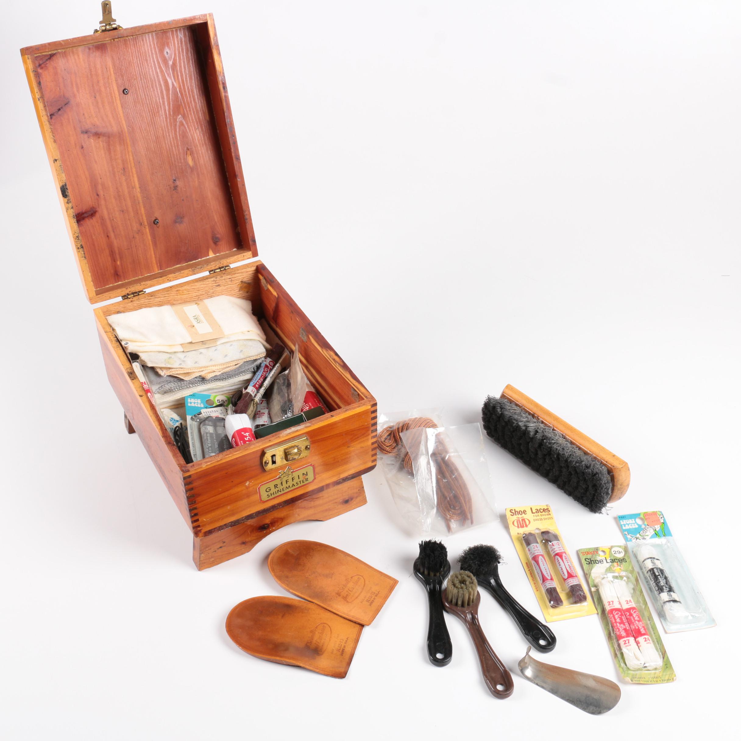 Vintage Griffin Shinemaster Cedar Shoe Shine Box with Tools