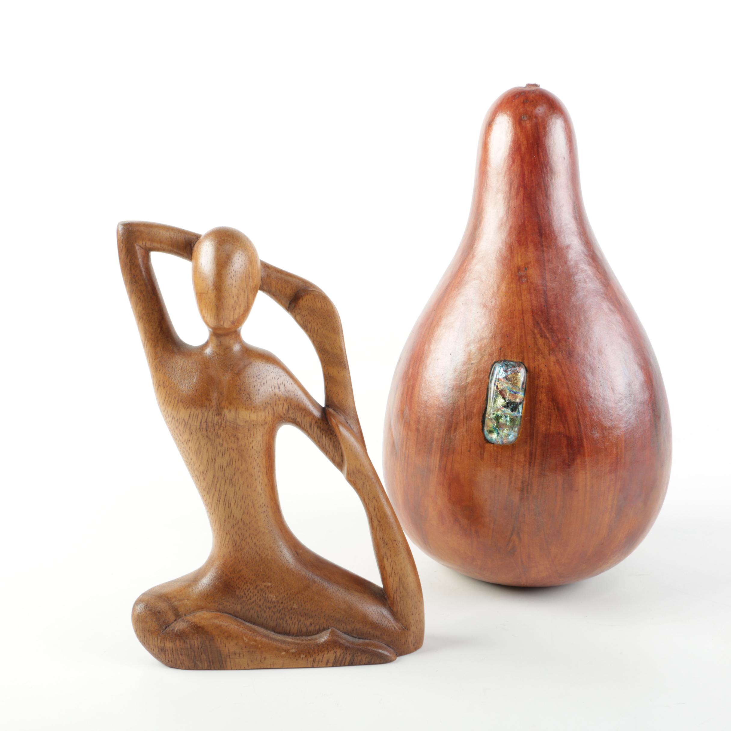 Decorative Gourd and Wood Carving of a Figure
