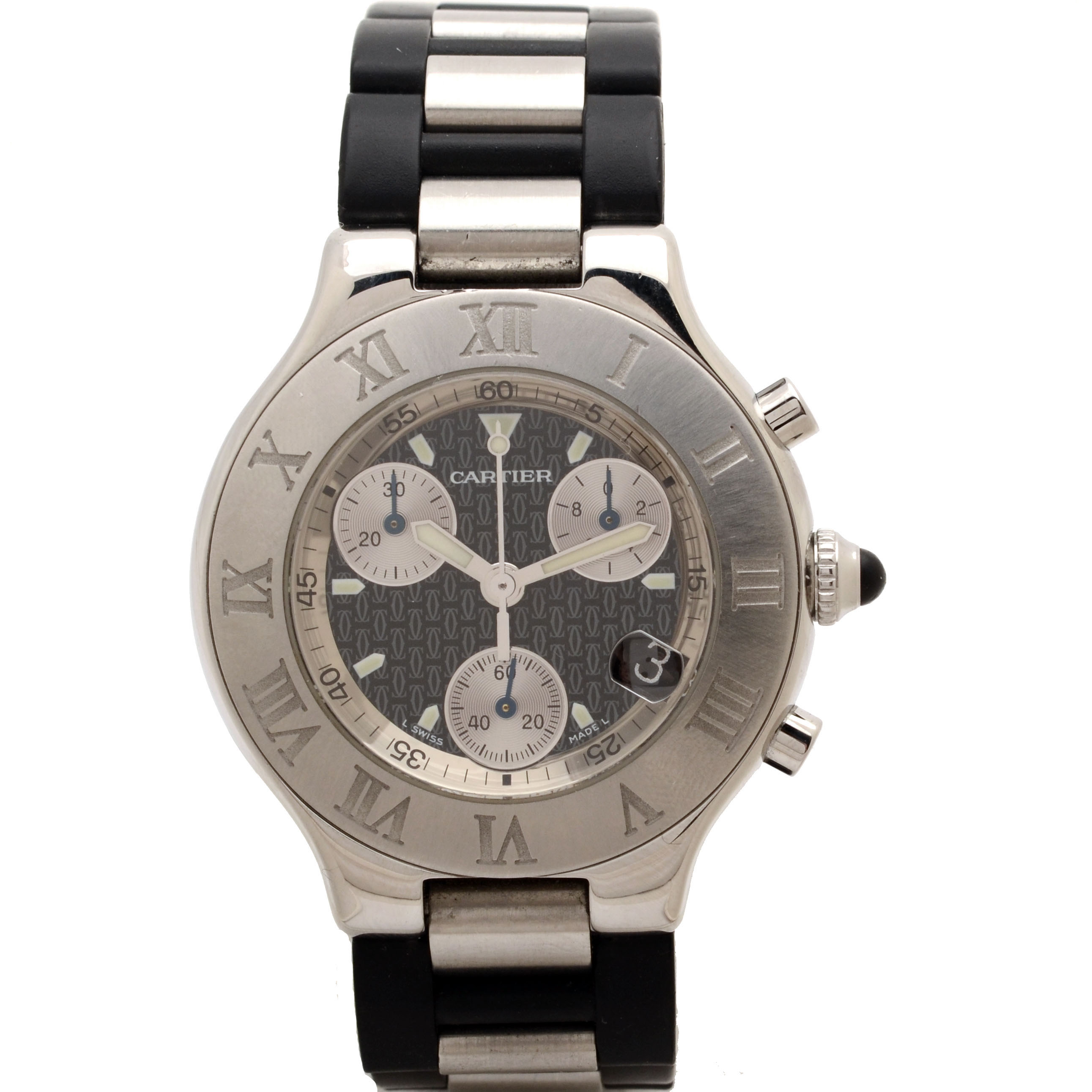 Cartier 21 Chronoscaph Quartz Chronograph Steel and Black Rubber Watch