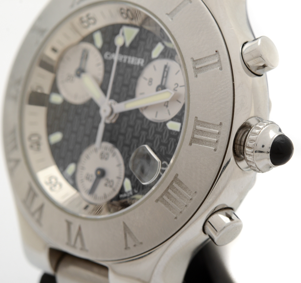 Cartier 21 Chronoscaph Quartz Chronograph Steel and Black Rubber Watch