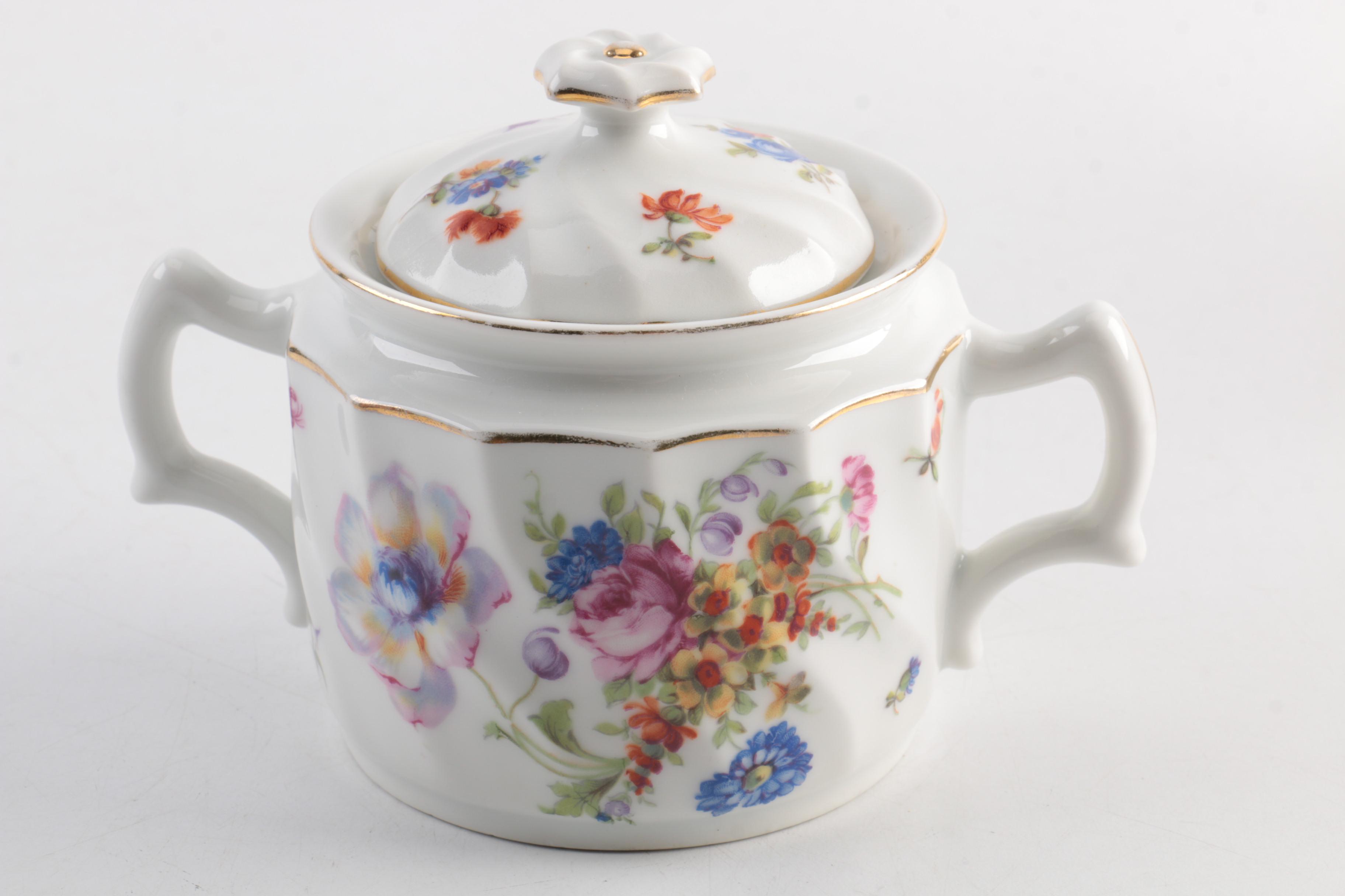 Enameled Teapot and Porcelain Sugar Bowl