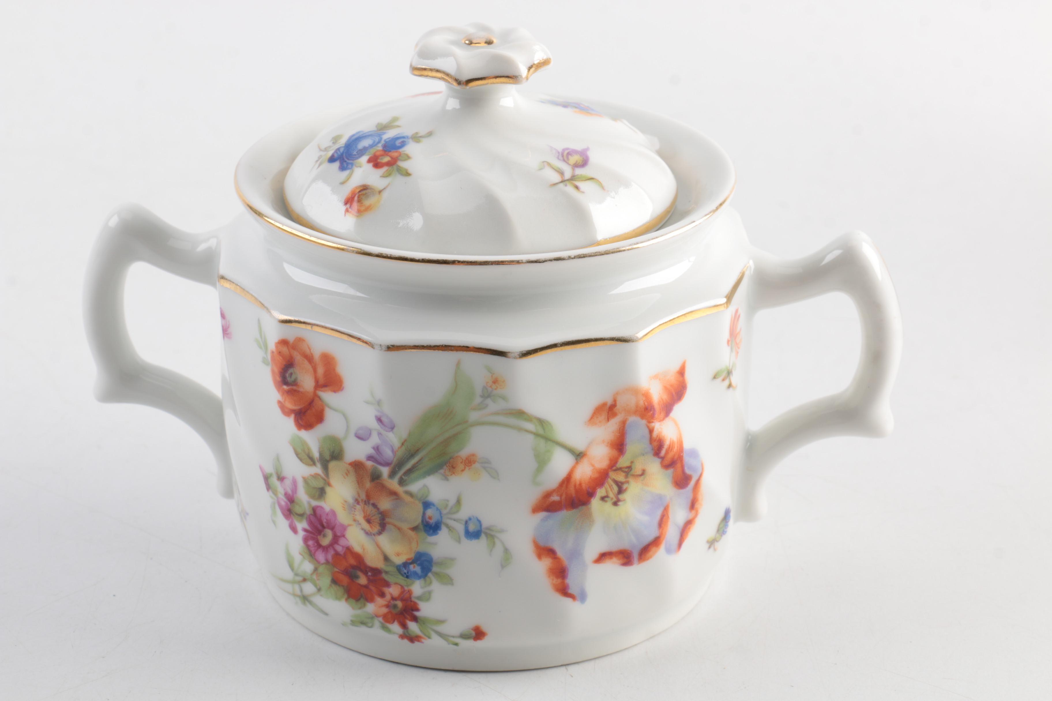 Enameled Teapot and Porcelain Sugar Bowl