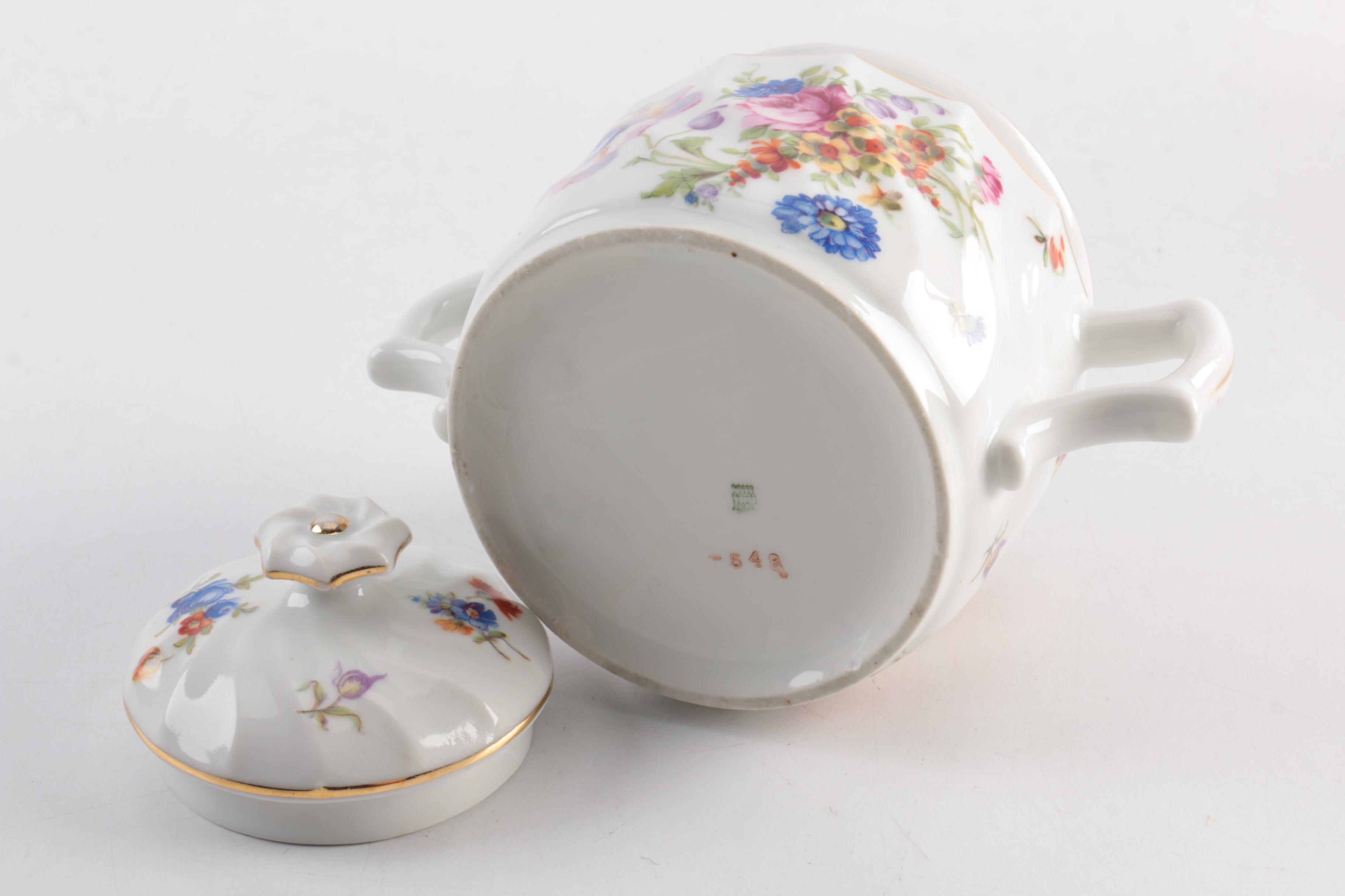 Enameled Teapot and Porcelain Sugar Bowl
