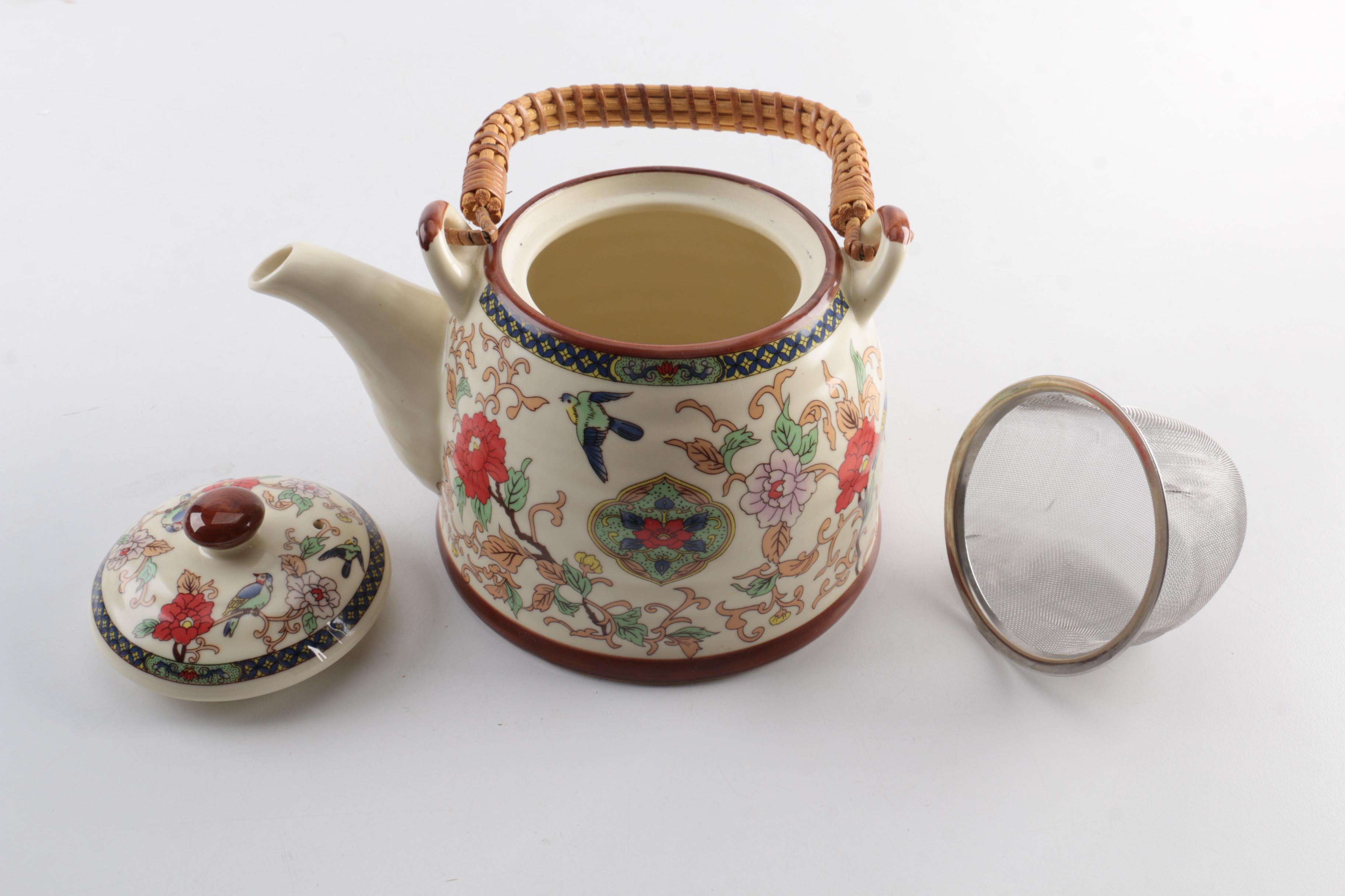 Enameled Teapot and Porcelain Sugar Bowl