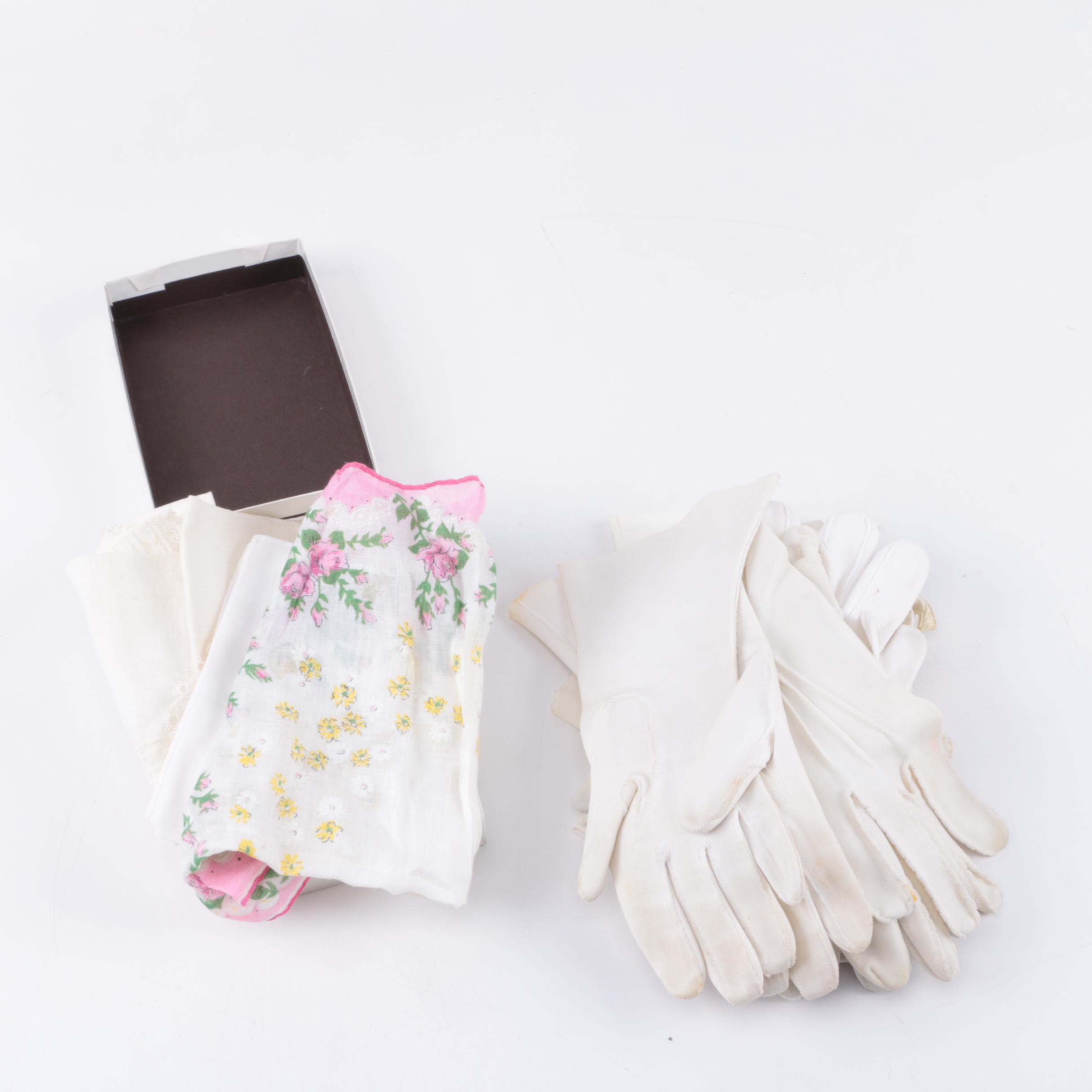 Collection of Vintage White Gloves and Handkerchief