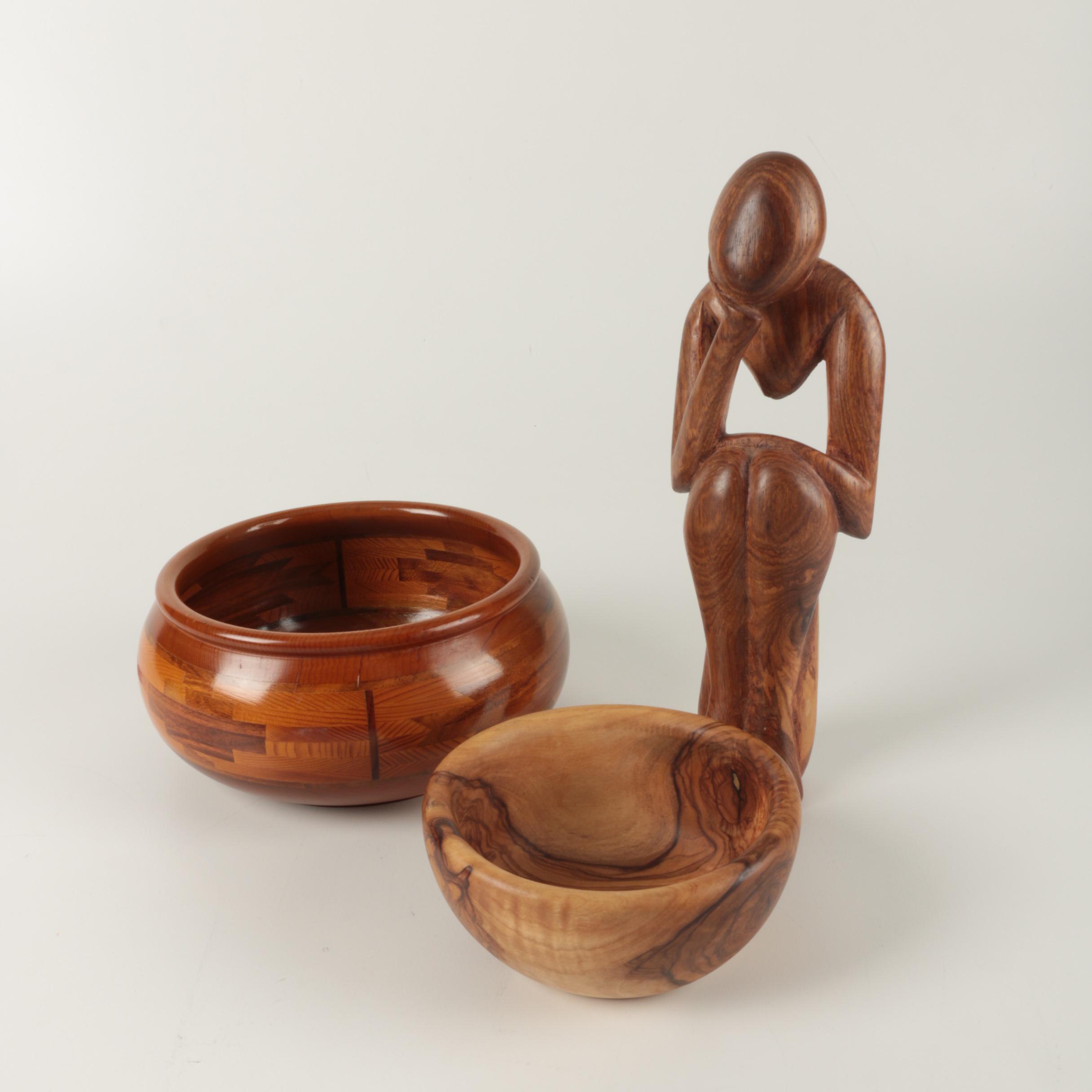 Group of Wooden Bowls and Figure Featuring Interwood