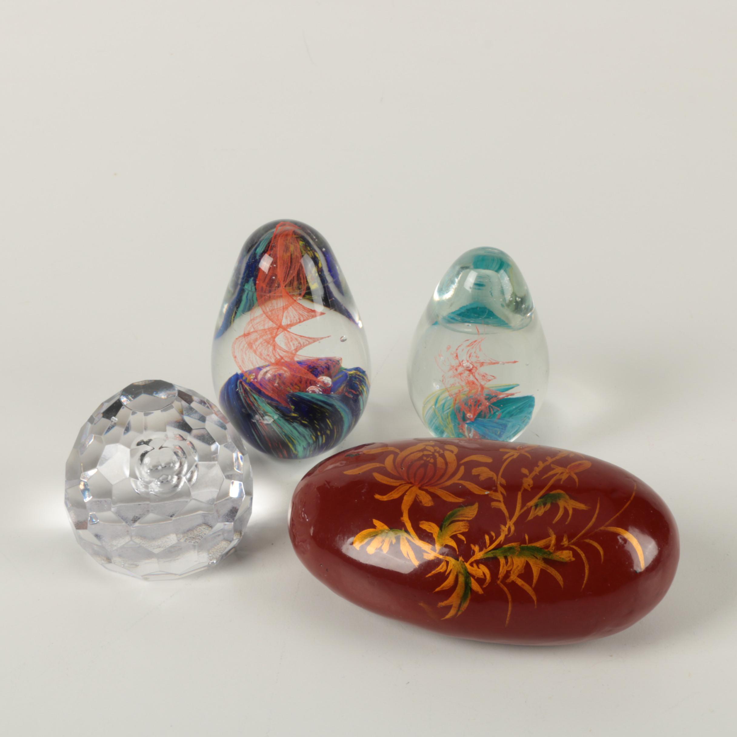 Art Glass, Painted Stone, and Faceted Crystal Paperweights