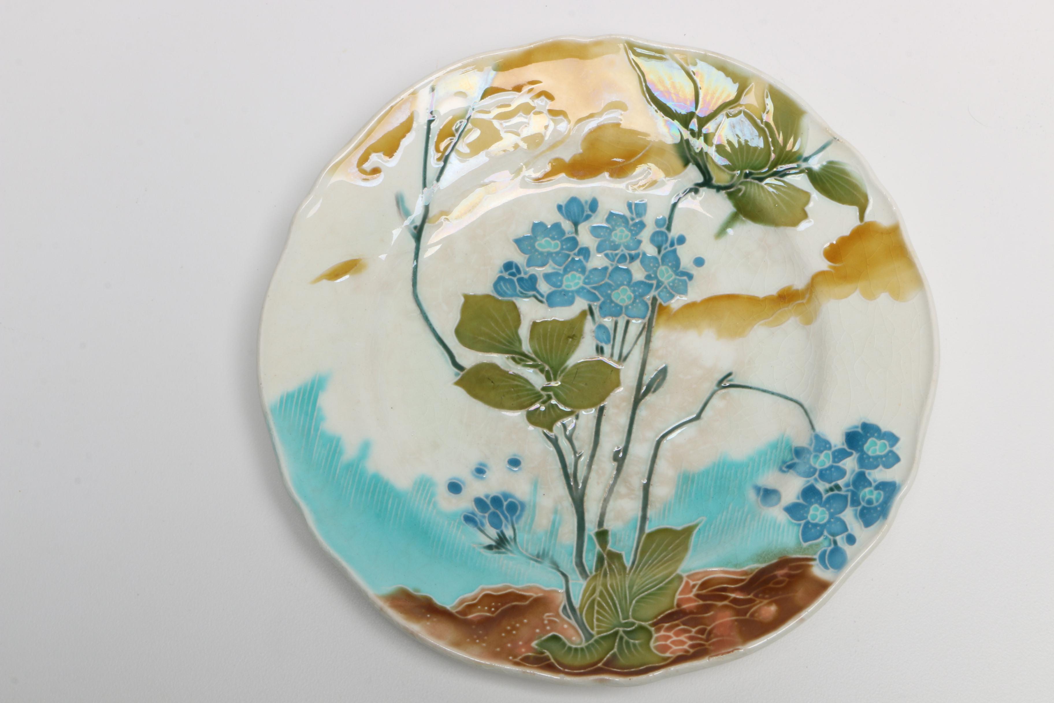 Antique Minton Aesthetic Movement Majolica Botanical Plates