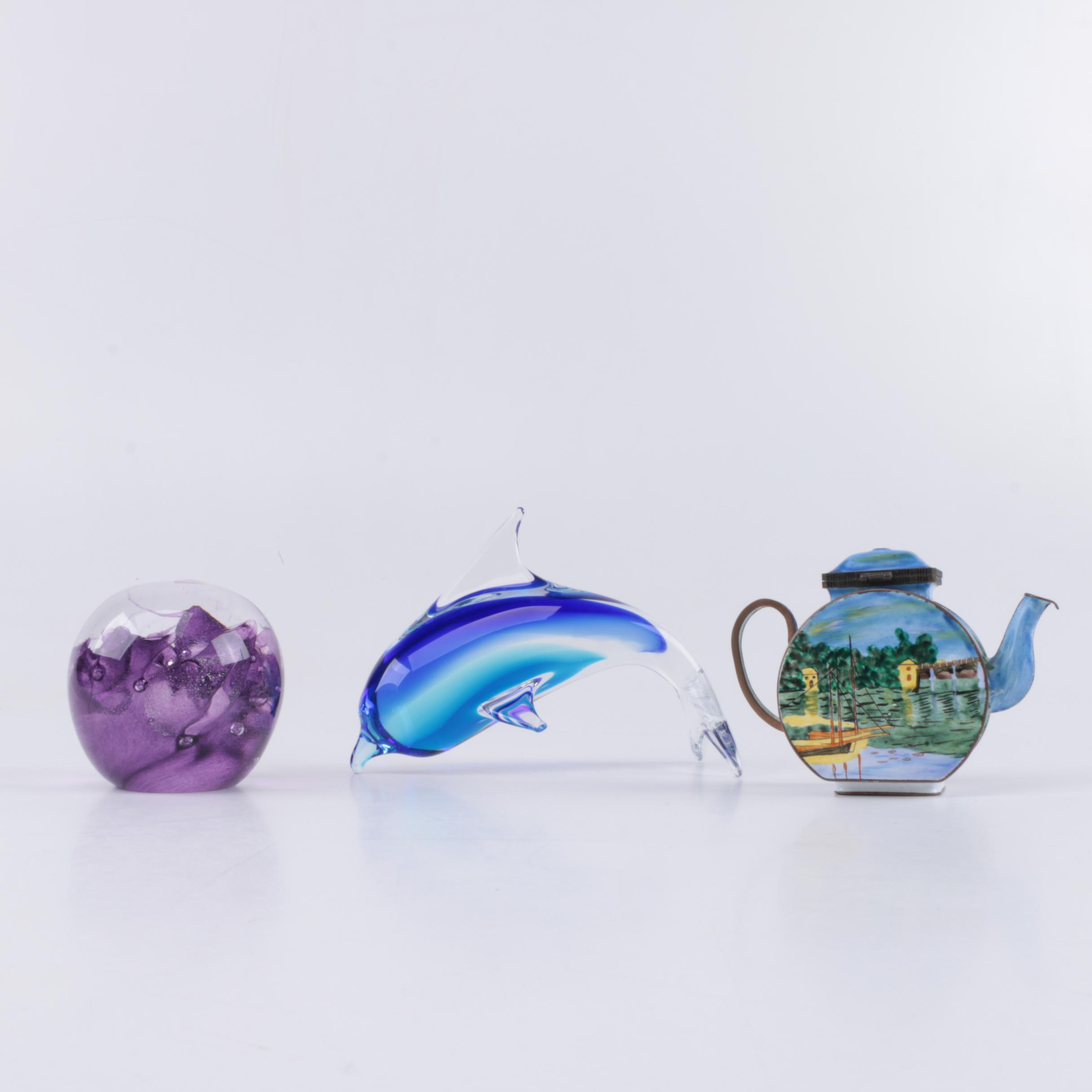 Kelvin Chen Enameled Teapot and Hand Blown Glass Decor
