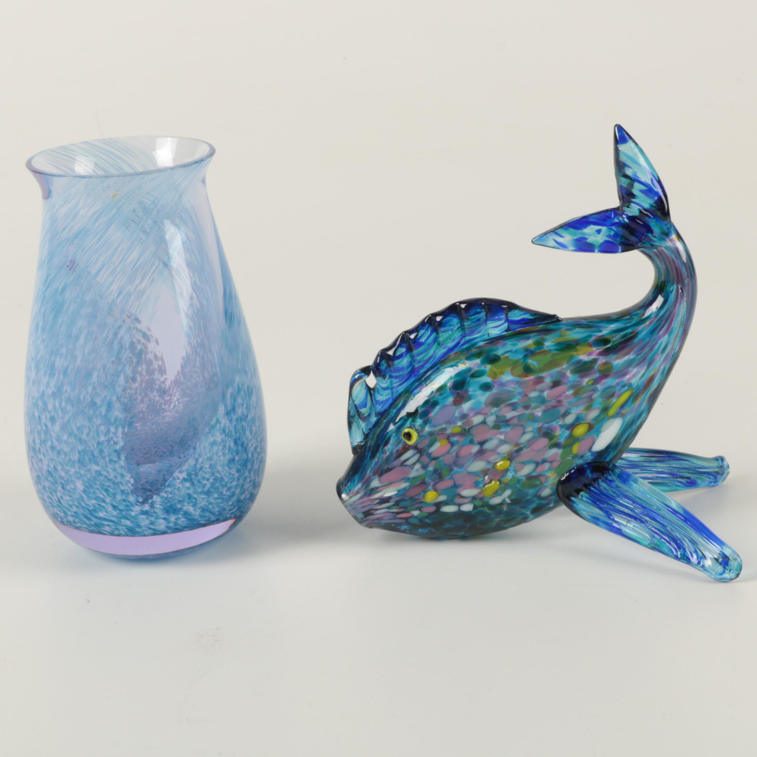 Blue Art Glass Vase and A Blue Art Glass Fish