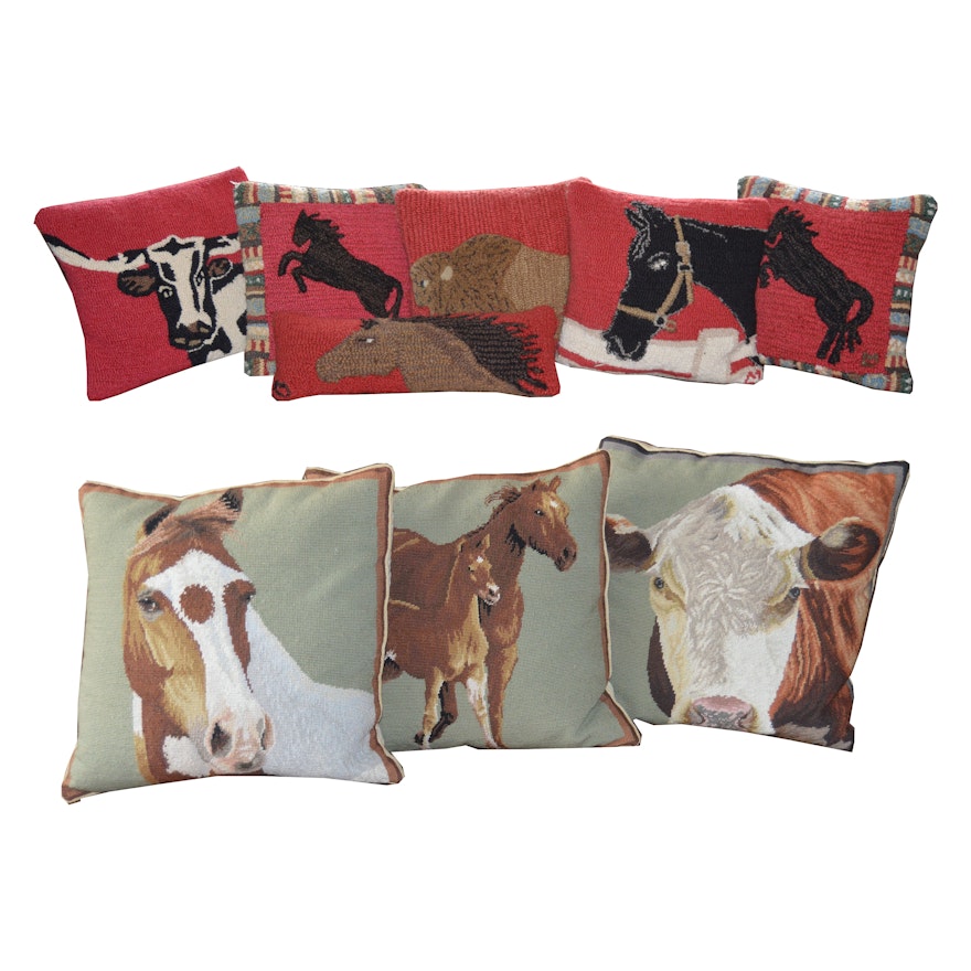 Needlepoint and Hand-Knotted Horse and Bovine Decorative Pillows