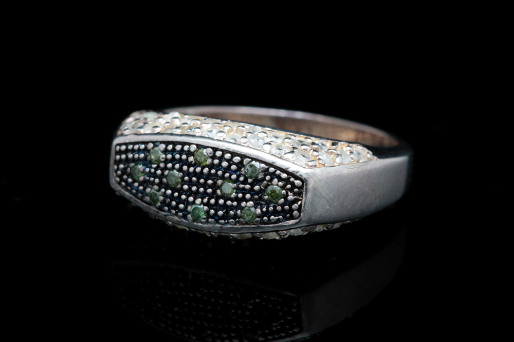 Sterling Silver, Treated Green Diamond and White Sapphire Ring