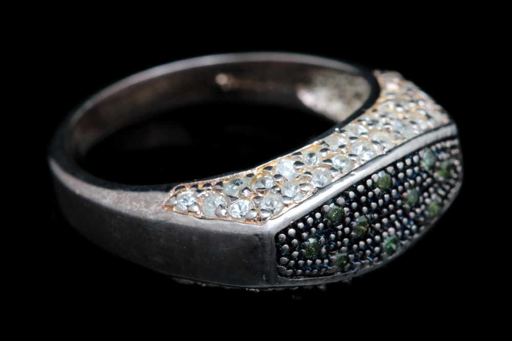 Sterling Silver, Treated Green Diamond and White Sapphire Ring