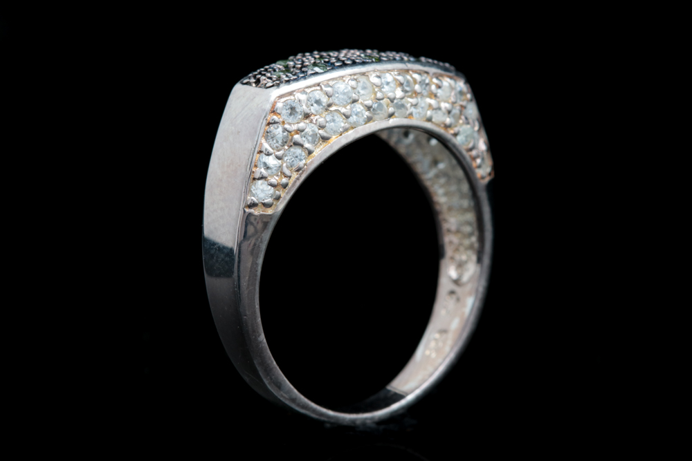 Sterling Silver, Treated Green Diamond and White Sapphire Ring