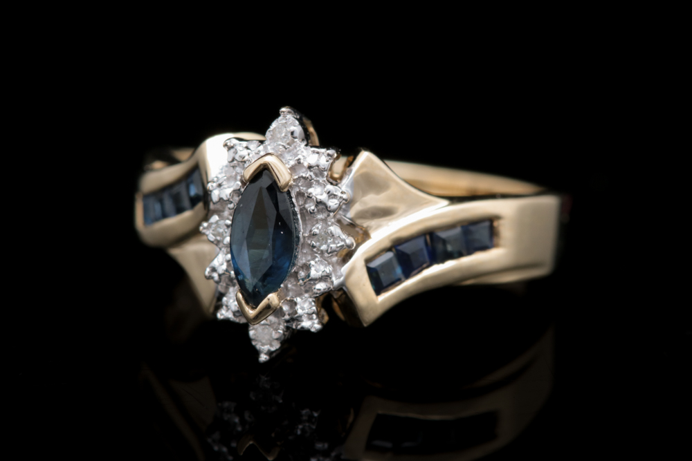10K Yellow Gold, Blue Sapphire and Diamond Ring