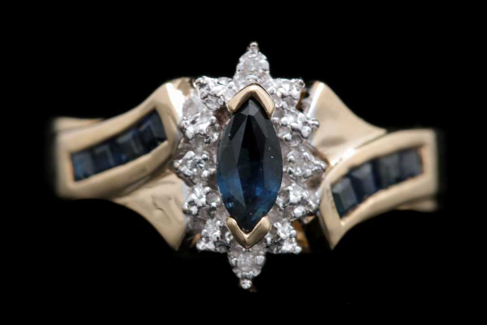 10K Yellow Gold, Blue Sapphire and Diamond Ring