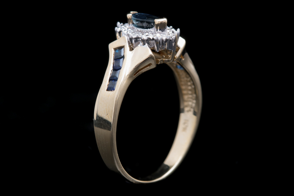 10K Yellow Gold, Blue Sapphire and Diamond Ring