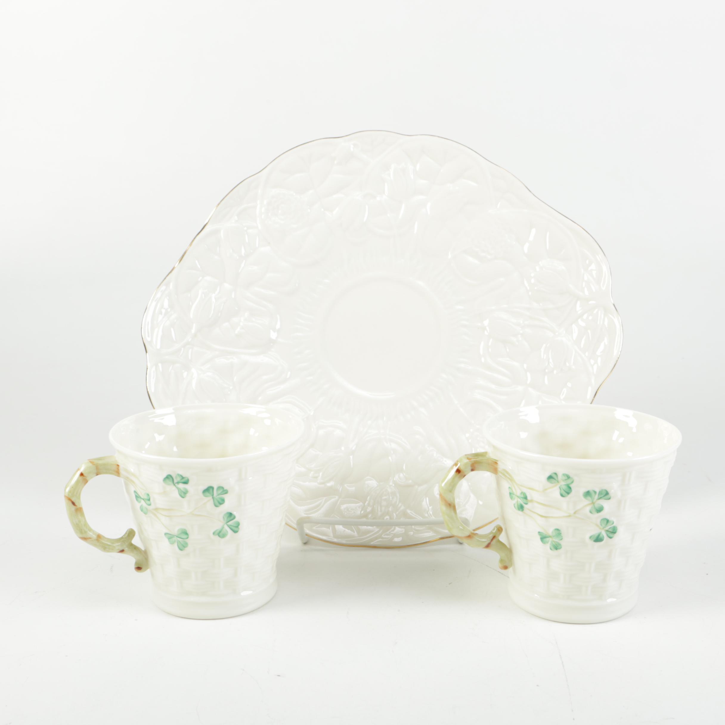 Belleek Porcelain Plate and Vintage Coffee Mugs