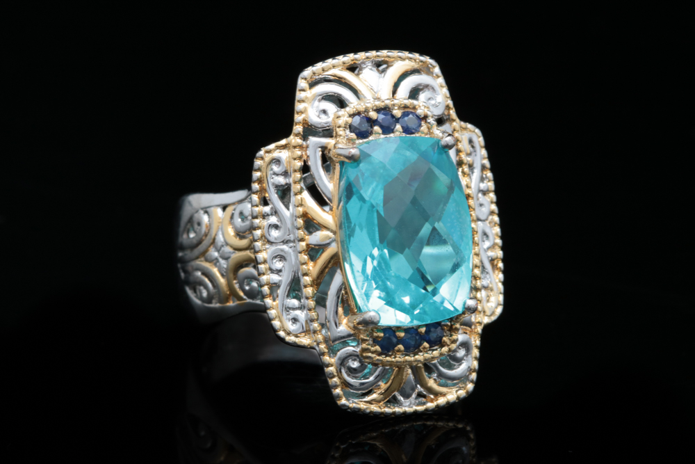 Sterling Silver, Quartz Doublet and Blue Sapphire Ring