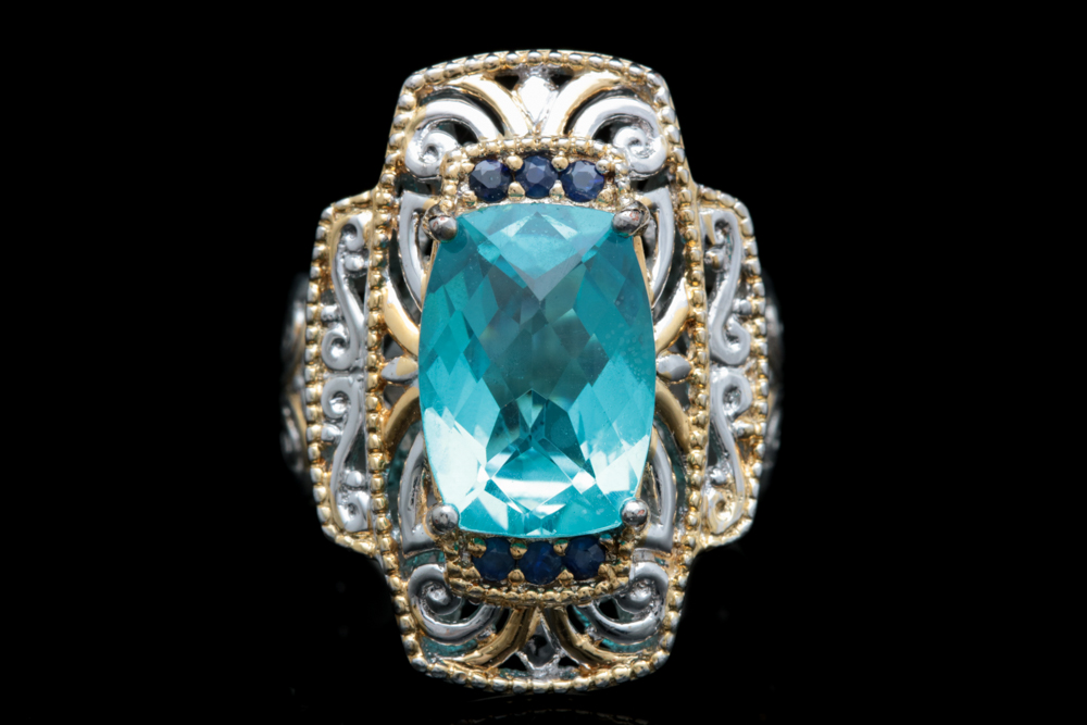 Sterling Silver, Quartz Doublet and Blue Sapphire Ring