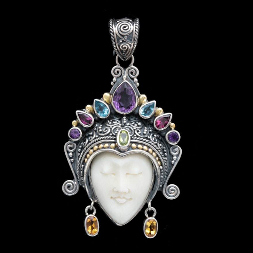 Robert Manse Sterling Silver, 18K Gold and Multi-Gemstone Bone Face Pendant