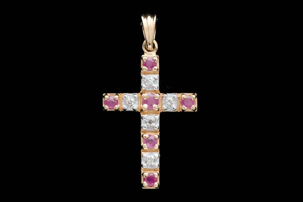 14K Yellow Gold, Ruby and Diamond Cross Pendant