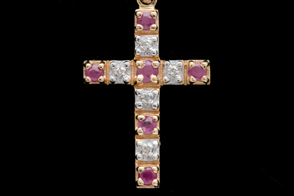 14K Yellow Gold, Ruby and Diamond Cross Pendant