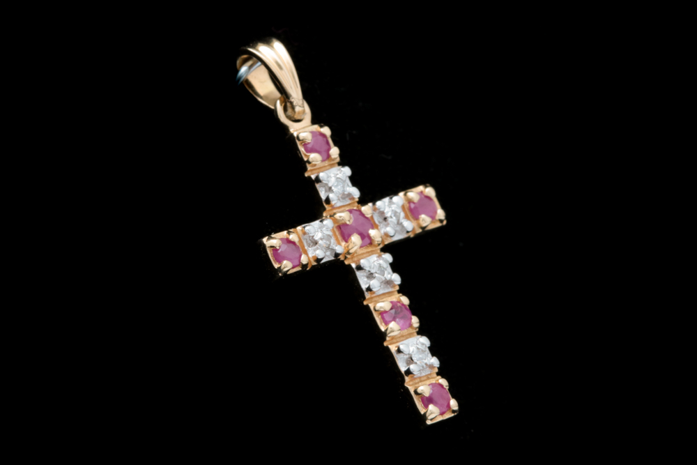 14K Yellow Gold, Ruby and Diamond Cross Pendant