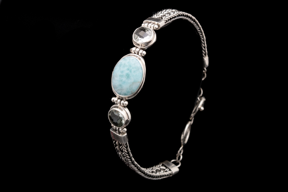 Sterling Silver, Larimar and Praseolite Bracelet
