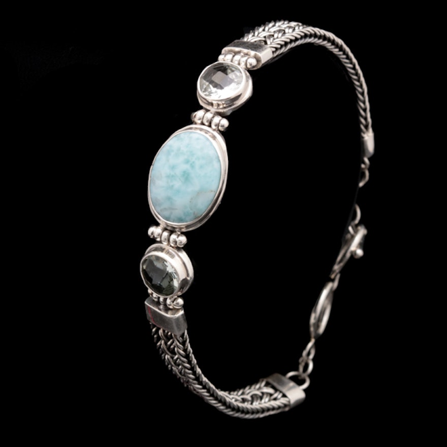 Sterling Silver, Larimar and Praseolite Bracelet