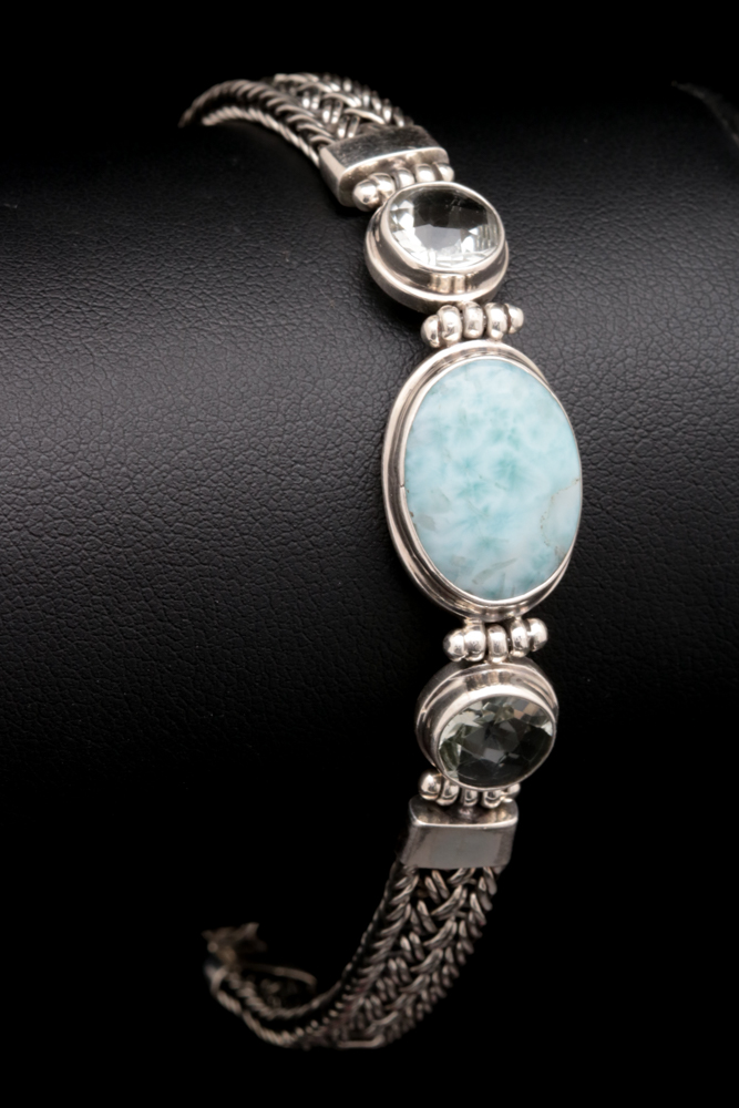 Sterling Silver, Larimar and Praseolite Bracelet