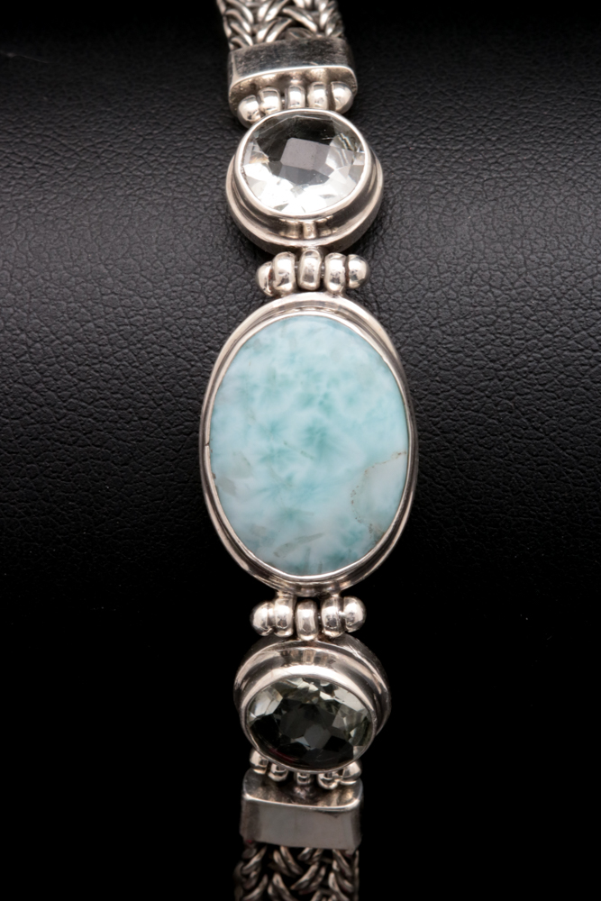 Sterling Silver, Larimar and Praseolite Bracelet