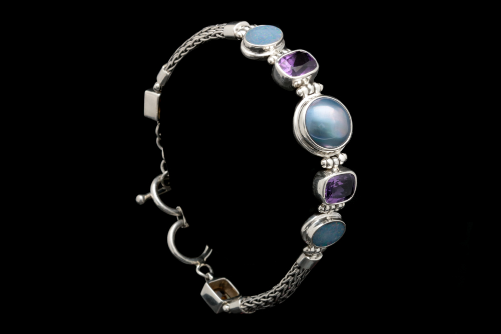 Sterling Silver, Mabé Pearl, Amethyst and Opal Doublet Bracelet
