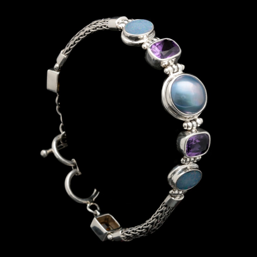 Sterling Silver, Mabé Pearl, Amethyst and Opal Doublet Bracelet