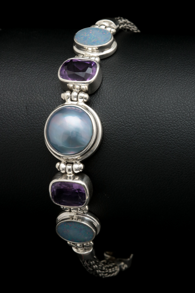 Sterling Silver, Mabé Pearl, Amethyst and Opal Doublet Bracelet