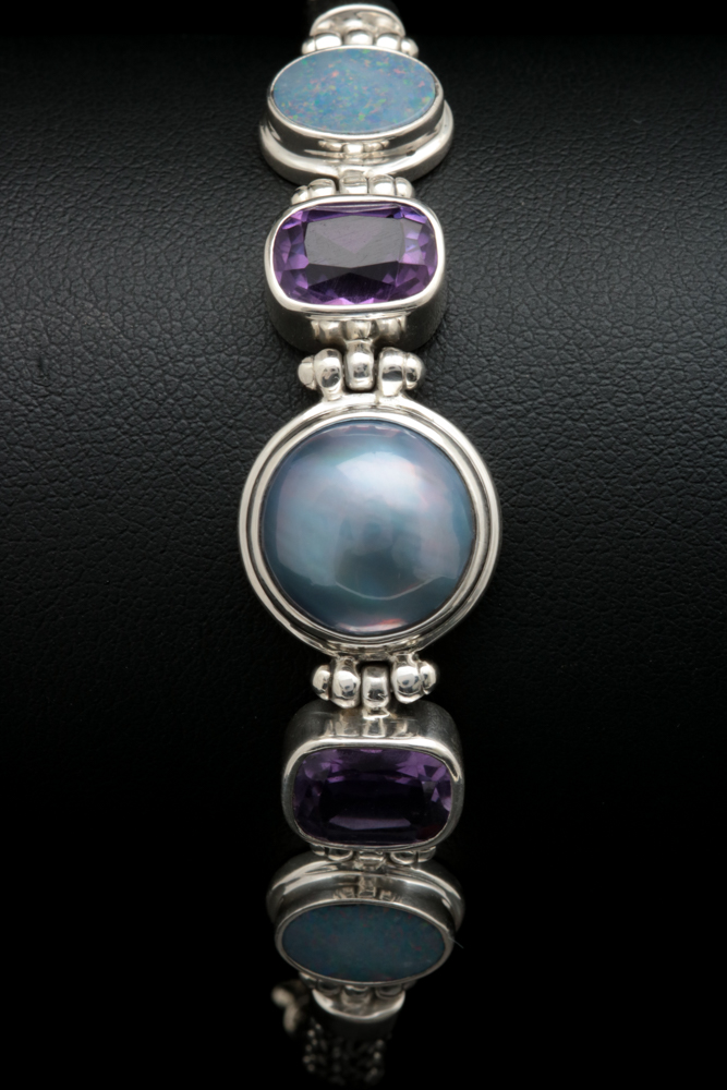 Sterling Silver, Mabé Pearl, Amethyst and Opal Doublet Bracelet