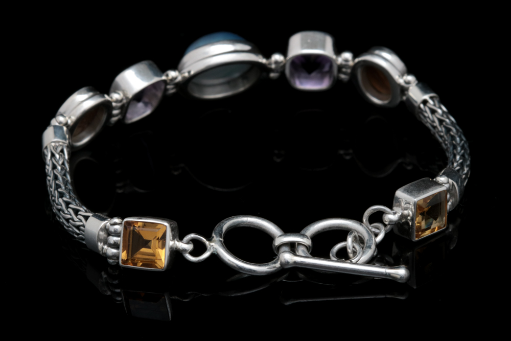 Sterling Silver, Mabé Pearl, Amethyst and Opal Doublet Bracelet