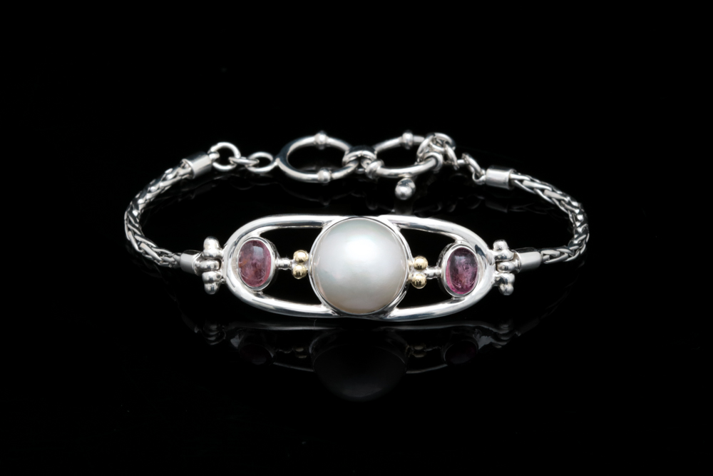 Sterling Silver, 18K Yellow Gold, Mabé Pearl and Pink Tourmaline Bracelet.
