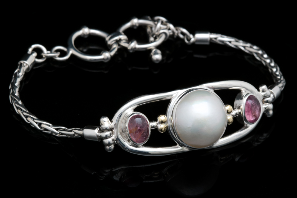 Sterling Silver, 18K Yellow Gold, Mabé Pearl and Pink Tourmaline Bracelet.