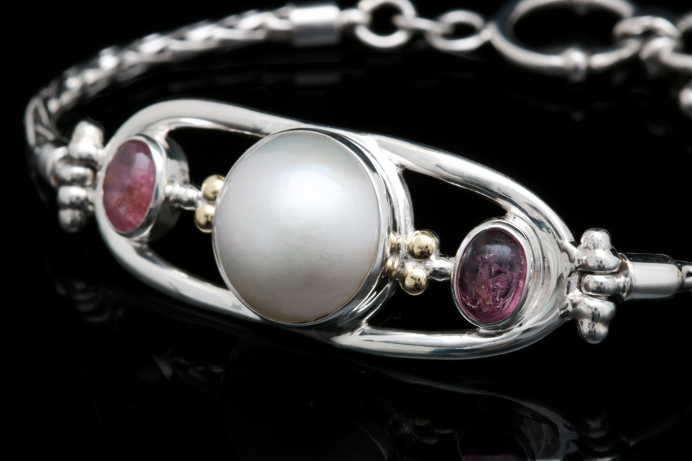 Sterling Silver, 18K Yellow Gold, Mabé Pearl and Pink Tourmaline Bracelet.