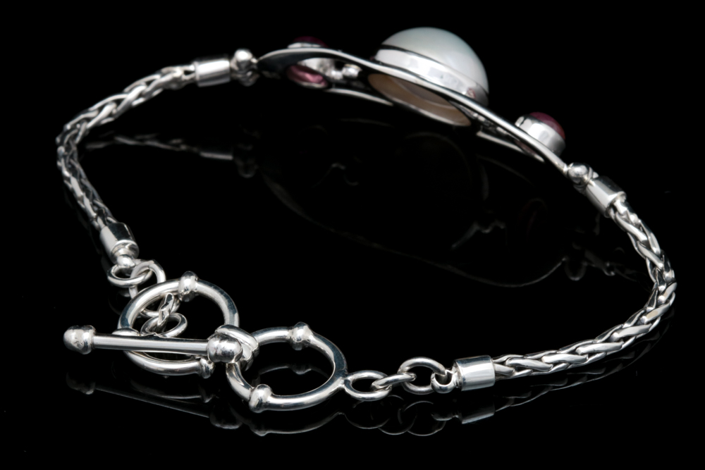 Sterling Silver, 18K Yellow Gold, Mabé Pearl and Pink Tourmaline Bracelet.